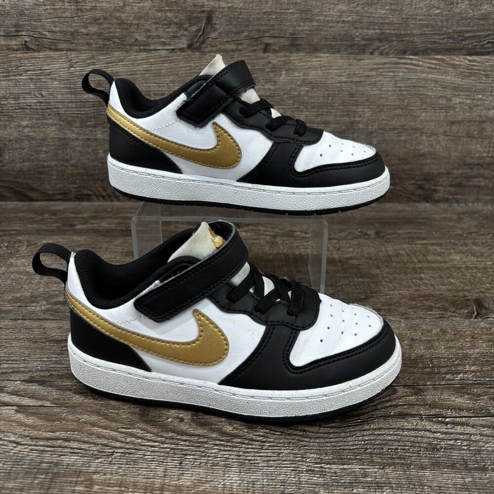 Nike Court Borough Shoes Toddler 10C Black White Gold Leather DV5458-008